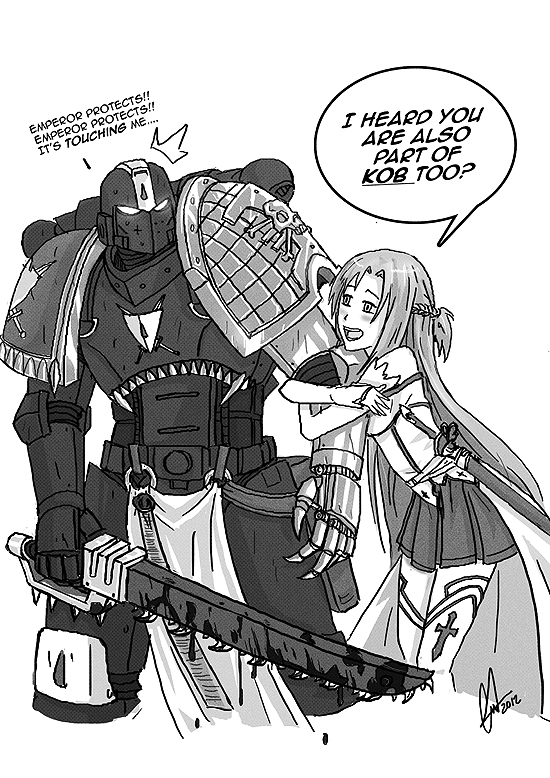 armor, asuna_(sao), black_templars, chainsword, crossover, mr_rumbles, purity_seal, space_marine