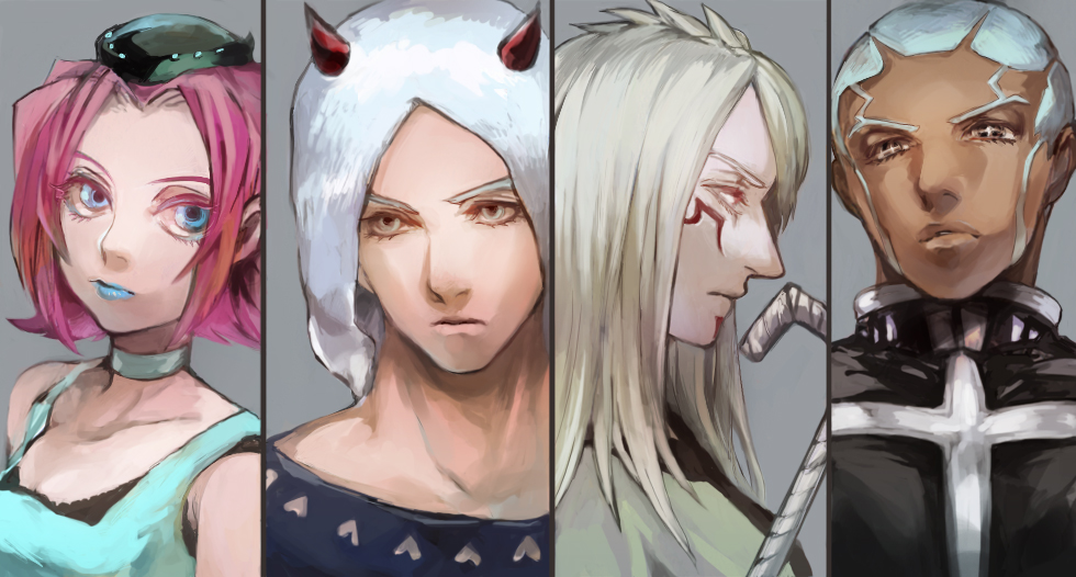 1girl, 3boys, blue_eyes, cane, dark_skin, enrico_pucci, facial_mark, genderswap