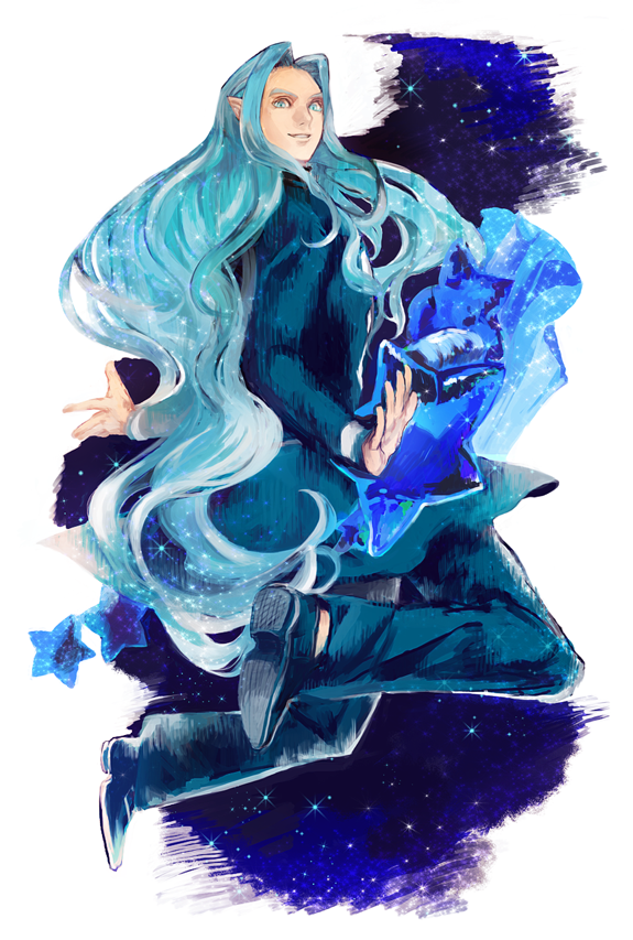 1boy, blue_eyes, blue_hair, hazekura_mikitaka, iu, jojo_no_kimyou_na_bouken, long_hair, pointy_ears