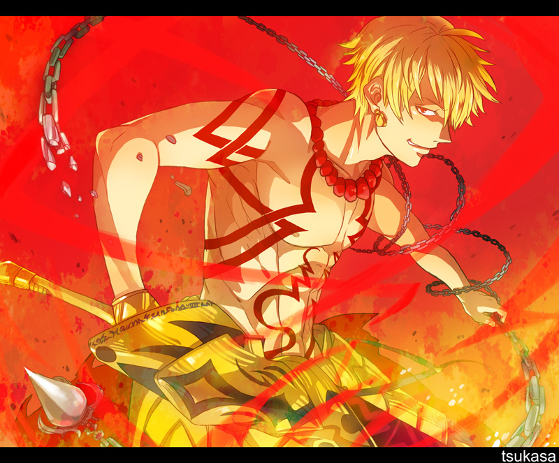 1boy, blonde_hair, chain, chains, ea_(fate/stay_night), earrings, fate/hollow_ataraxia, fate_(series)