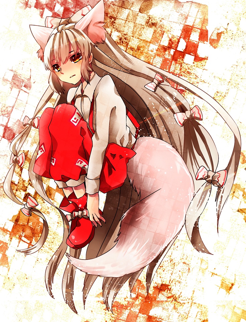 1girl, animal_ears, boots, fox_ears, fox_tail, fujiwara_no_mokou, full_body, kemonomimi_mode