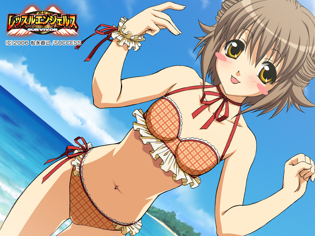 :p, bikini, blush_stickers, brown_hair, enomoto_aya, short_hair, swimsuit, tongue, wrestle_angels, wrestle_angels_survivor, yellow_eyes