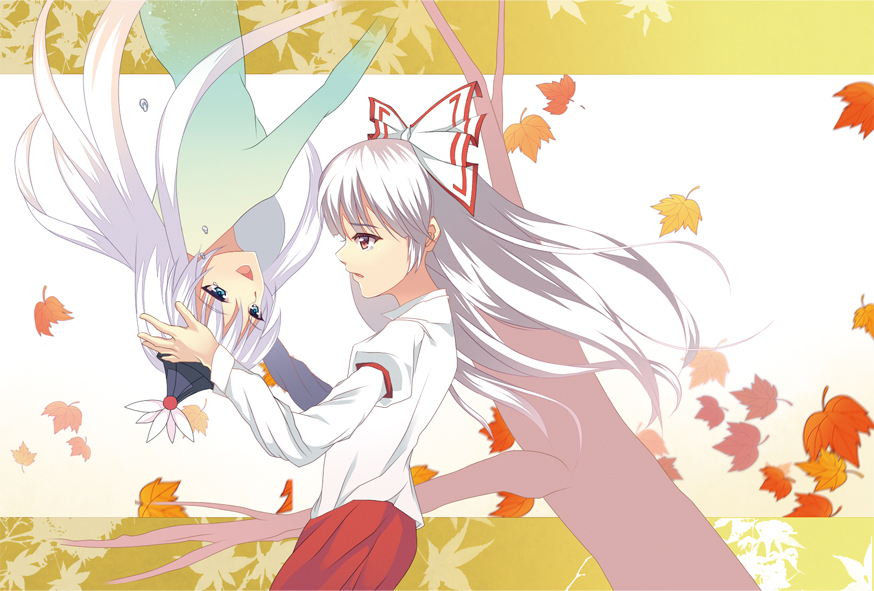 2girls, :d, bare_tree, blue_eyes, dissolve, dissolving, down_(artist), fujiwara_no_mokou