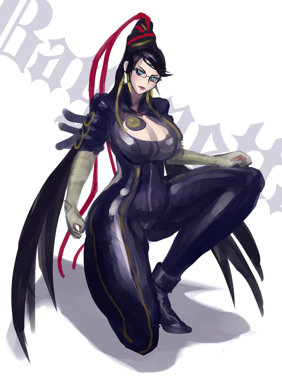 bayonetta, bayonetta_(character), black_hair, blue_eyes, bodysuit, breasts, cleavage, cleavage_cutout