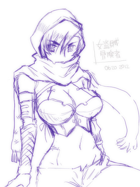 1girl, breasts, cleavage, dated, dungeons_and_dragons, hood, large_breasts, midriff