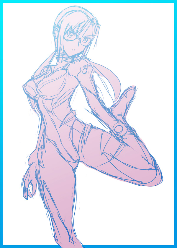 1girl, bodysuit, border, breasts, evangelion:_2.0_you_can_(not)_advance, glasses, long_hair, makinami_mari_illustrious, neon_genesis_evangelion, plugsuit, ponytail, rebuild_of_evangelion, sketch, solo, standing_on_one_leg, zero_hime