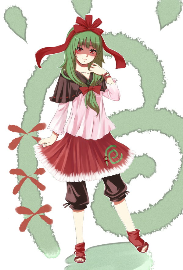 1girl, adapted_costume, alternate_costume, blush, bow, capelet, capri_pants, frills