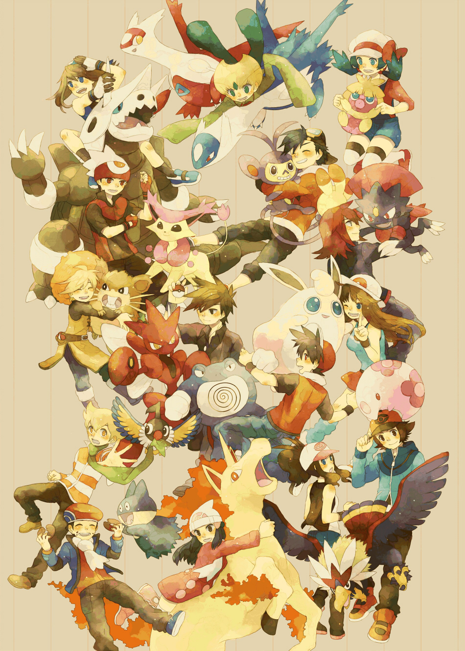 6+boys, 6+girls, aggron, ambipom, backwards_hat, baseball_cap, beanie, black_gloves