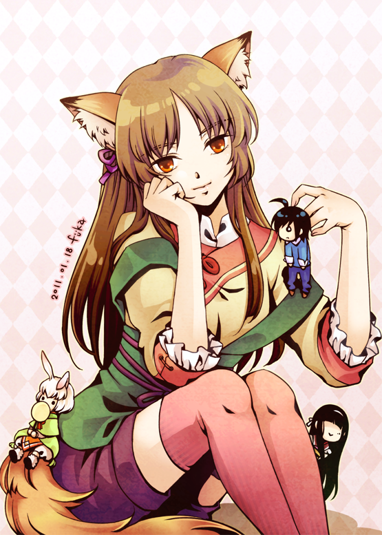 1girl, :>, animal_ears, argyle, argyle_background, black_hair, brown_hair, bunny_ears