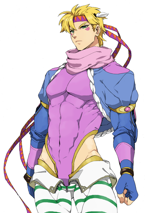 1boy, blonde_hair, caesar_anthonio_zeppeli, cropped_jacket, facial_mark, feathers, green_eyes, headband, jojo_no_kimyou_na_bouken, kisarazu_tetsuya, leotard, scarf, solo, striped, striped_pants, tight_clothes