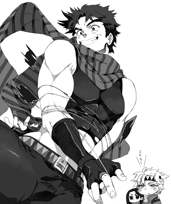 1girl, 2boys, bola_(weapon), caesar_anthonio_zeppeli, facial_mark, fingerless_gloves, gloves, greyscale