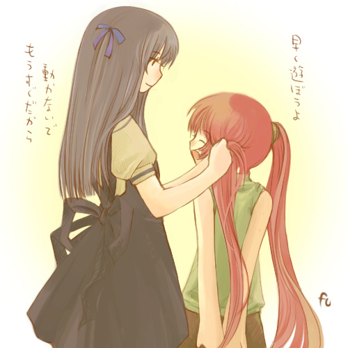 2girls, air, character_request, closed_eyes, eyes_closed, fuuka_(fukasheu), hairdressing, long_hair