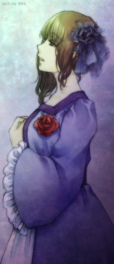 1girl, brown_hair, chronicle_2nd, flower, frills, fuuka_(fukasheu), giulietta_simone_del_viscontie, long_hair, rose, solo, sound_horizon