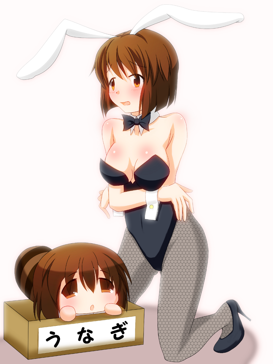 2girls, animal_ears, bowtie, box, brown_eyes, brown_hair, bunny_ears, bunny_tail