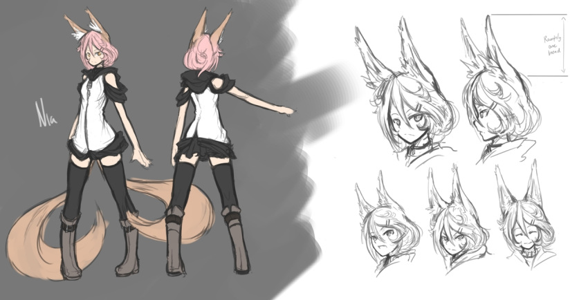 1girl, animal_ears, arceonn, bare_shoulders, black_legwear, boots, character_name, character_sheet