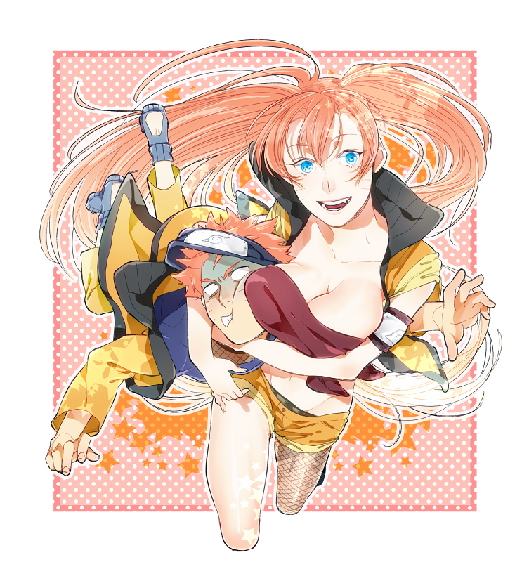 1boy, 1girl, blue_eyes, breasts, cleavage, dual_persona, fang, fishnet_legwear