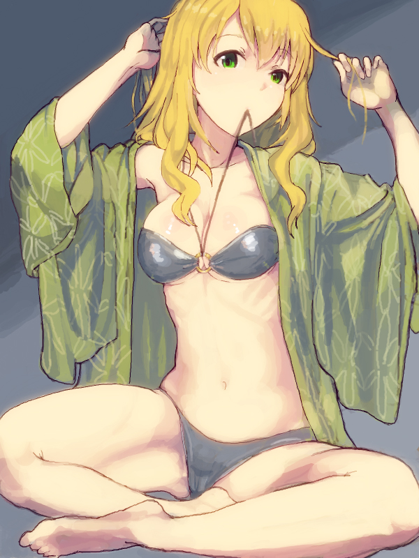 1girl, adjusting_hair, ahoge, barefoot, bikini, blonde_hair, blush, breasts