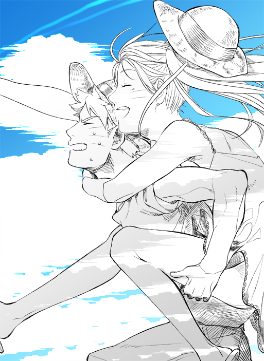 1boy, 1girl, carrying, closed_eyes, dual_persona, eyes_closed, fang, genderswap