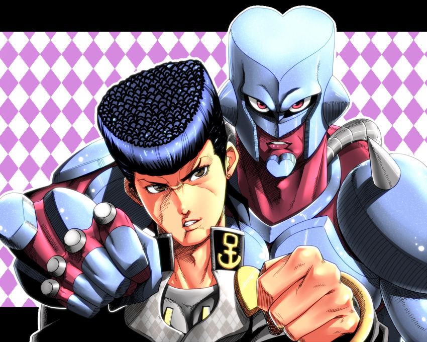 1boy, black_hair, brown_eyes, clenched_hand, crazy_diamond, higashikata_jousuke, jacket, jojo_no_kimyou_na_bouken