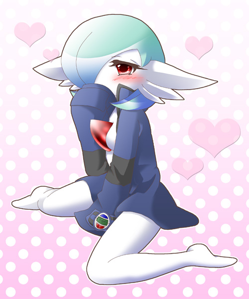 between_legs, blush, bottomless, clothed_pokemon, costume, diamond_(pokemon), gardevoir, heart, heart_background, jacket, kouki_(pokemon), long_sleeves, no_humans, open_clothes, open_shirt, oversized_clothes, pokemon, pokemon_(creature), pokemon_(game), pokemon_dppt, pokemon_rse, shirt, sitting, sleeves_past_wrists, wariza, white_moon