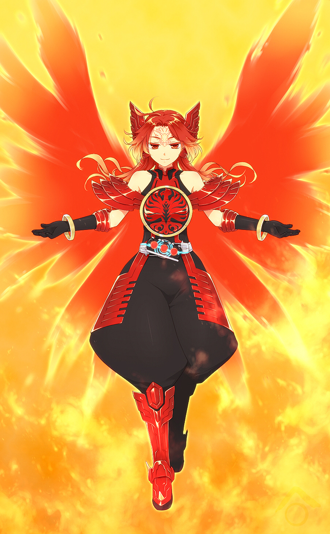 1girl, bare_shoulders, belt, female, genderswap, kamen_rider, kamen_rider_ooo, kamen_rider_ooo_(series), long_hair, outstretched_arms, puffy_pants, red_eyes, red_hair, redhead, rider-tan, solo, tajador_(ooo_combo), wings, yamamaru
