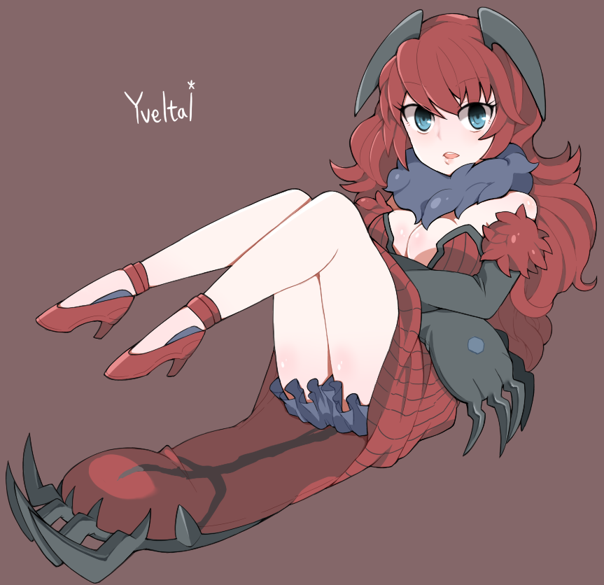 1girl, artist_request, bare_shoulders, blue_eyes, breast_hold, breasts, brown_background, character_name