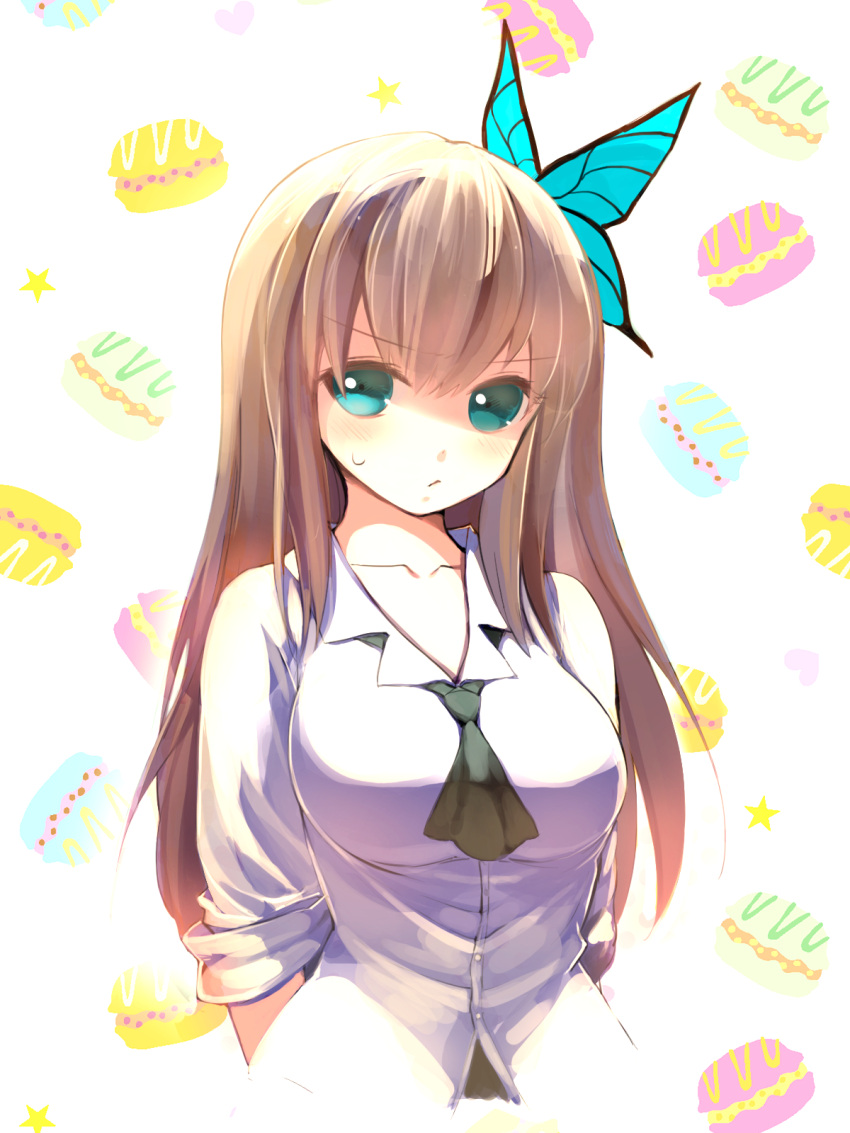 1girl, aqua_eyes, arms_behind_back, blonde_hair, blush, boku_wa_tomodachi_ga_sukunai, breasts, butterfly, butterfly_hair_ornament, chagen_kokimu, hair_ornament, highres, kashiwazaki_sena, large_breasts, long_hair, looking_at_viewer, school_uniform, skirt, smile, solo