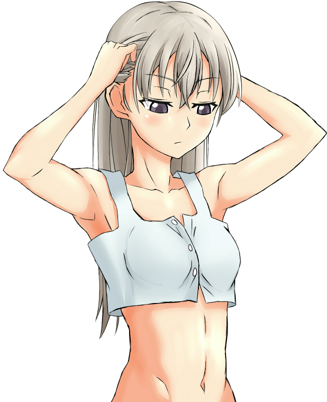 1girl, armpits, arms_up, blush, breasts, eila_ilmatar_juutilainen, eiraprpr, long_hair