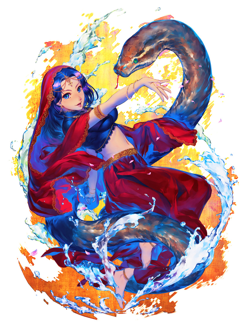 1girl, anklet, armlet, barefoot, blue_eyes, blue_hair, bracelet, breasts