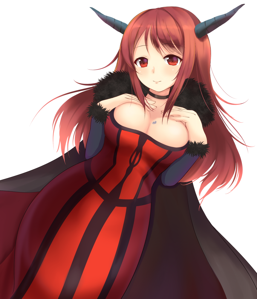 breast_hold, breasts, cleavage, horns, kiri_frog, kirimoti34, maou_(char), maou_(maoyuu), maoyuu_maou_yuusha, red_eyes, red_hair, redhead, simple_background, smile, solo, tattoo, tattooed_breast