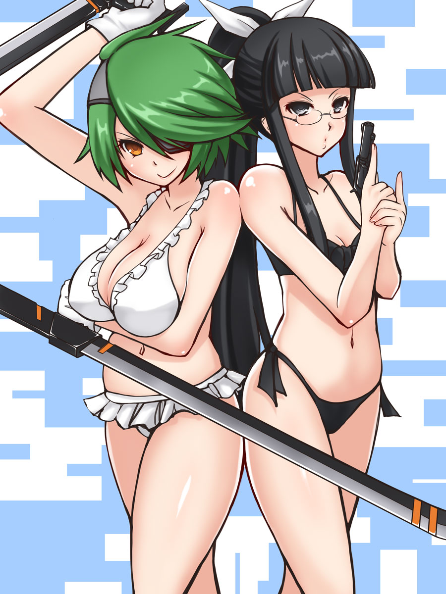 2girls, :o, adapted_costume, bikini, bikini_skirt, black_eyes, black_hair, blush, body_blush, breasts, cleavage, dual_wielding, eyepatch, frilled_bikini, frills, glasses, gloves, grapepop, green_hair, gun, hair_over_one_eye, highres, large_breasts, long_hair, multiple_girls, navel, open_mouth, orange_eyes, otonashi_kiruko, policewoman, ponytail, revolver, shinmai_fukei_kiruko-san, shiny, shiny_skin, short_hair, side-tie_bikini, simple_background, small_breasts, smile, standing, swimsuit, sword, tonfa, trigger_discipline, uchigane_chiaki, weapon