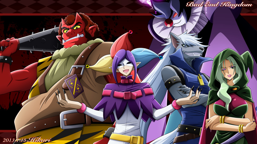 1girl, 2013, 4boys, afro, akaooni, belt, blonde_hair, blue_hair, bracelet, brown_hair, card, clown, club, crossed_arms, dated, eyeshadow, green_eyes, green_hair, grin, highres, hikari_(hikari_no_kobako), hood, jewelry, joker_(smile_precure!), majorina, makeup, mask, multicolored_hair, multiple_boys, over_shoulder, pierrot_(smile_precure!), pointy_ears, precure, purple_hair, red_background, red_hair, red_skin, redhead, smile, smile_precure!, spiked_club, weapon, werewolf, white_hair, wink, wolfrun, yellow_sclera