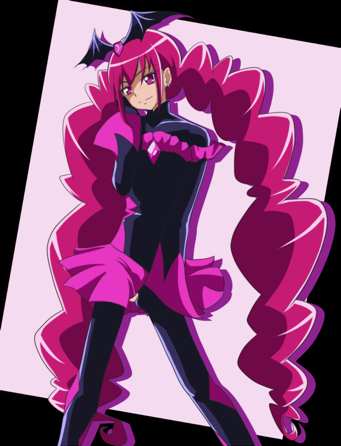 1girl, bad_end_happy, bad_end_precure, bat_wings, bodysuit, dark_persona, earrings, frills