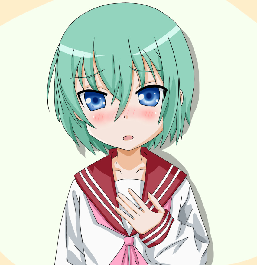 1girl, blue_eyes, blush, green_hair, iwasaki_minami, lucky_star, school_uniform, serafuku