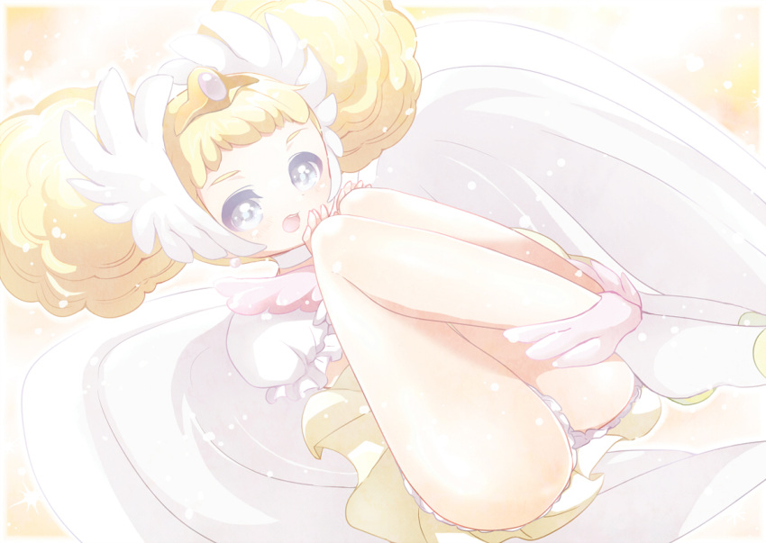 1girl, blonde_hair, blue_eyes, candy_(smile_precure!), choker, double_bun, hand_on_knee, hands_on_knees