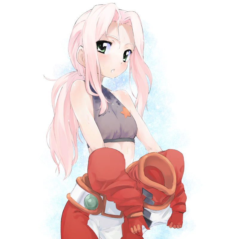 blush, bodysuit, darry, darry_adai, flat_chest, green_eyes, long_hair, midriff