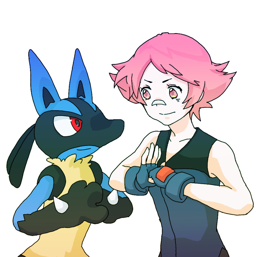 1girl, bandaid_on_nose, fingerless_gloves, gloves, gym_leader, lucario, palm-fist_greeting, pink_eyes