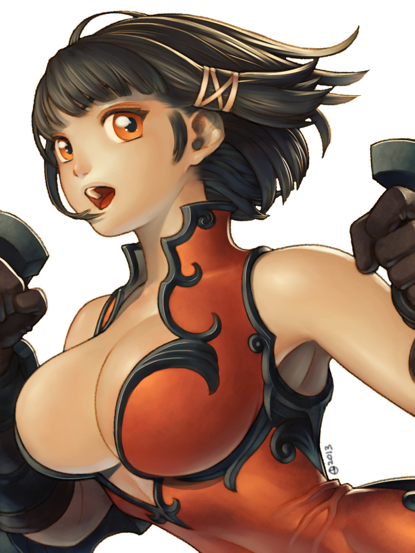 1girl, 2013, alien1452, breasts, brown_gloves, brown_hair, cleavage, dated