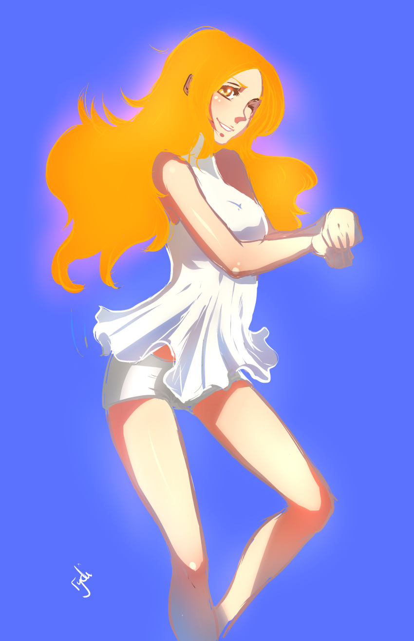 1girl, absurdres, bare_shoulders, bleach, blue_background, dancing, dress, gangnam_style