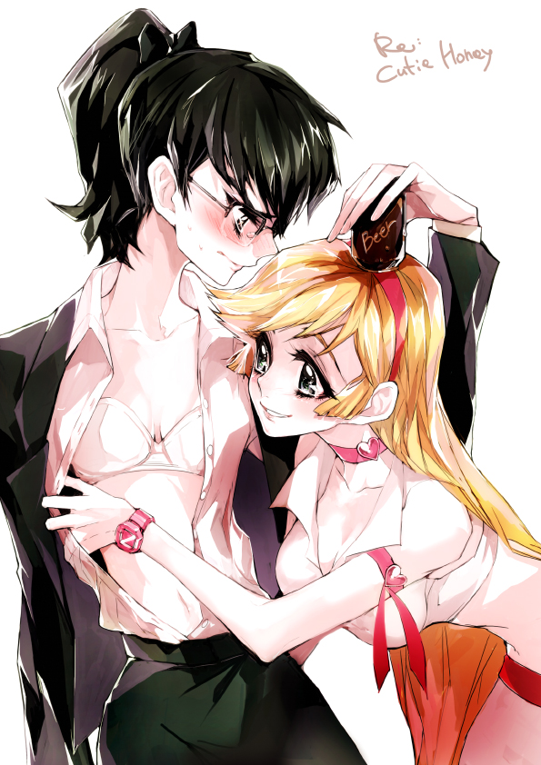 2girls, aki_natsuko, beer, black_hair, blonde_hair, blush, bra, can