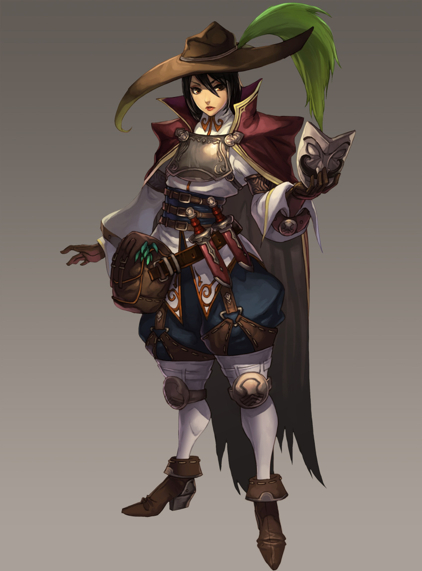 1girl, black_hair, boots, brown_eyes, cape, full_body, gloves, hat