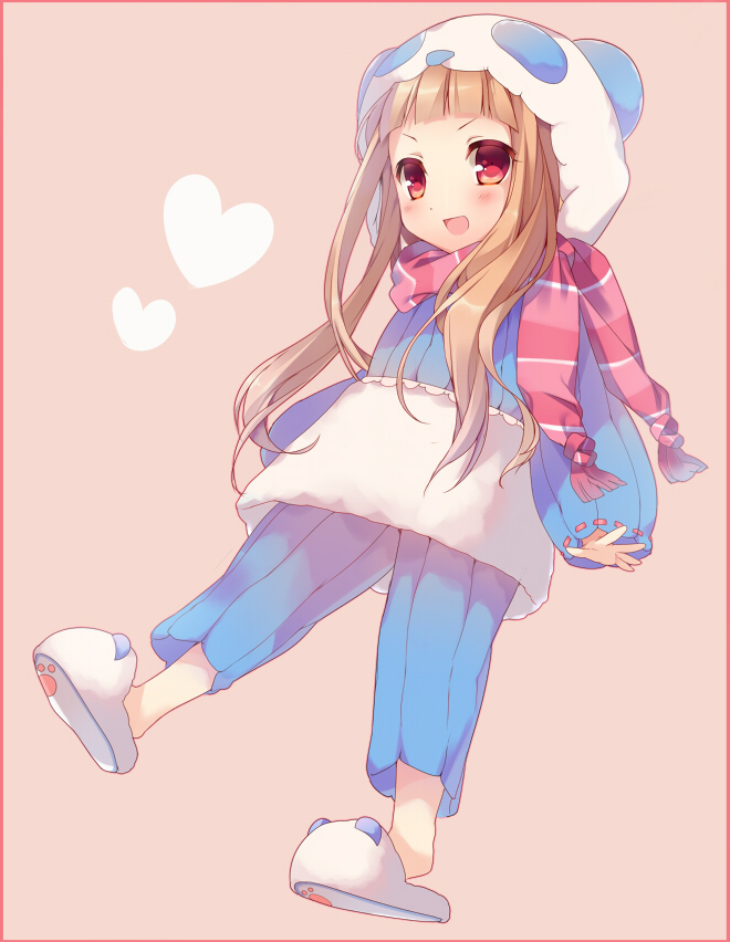 1girl, animal_costume, animal_hat, bangs, blunt_bangs, blush, brown_hair, child