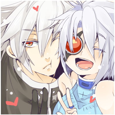 blazblue, closed_eyes, couple, eyes_closed, lowres, nu-13, ragna_the_bloodedge, smile