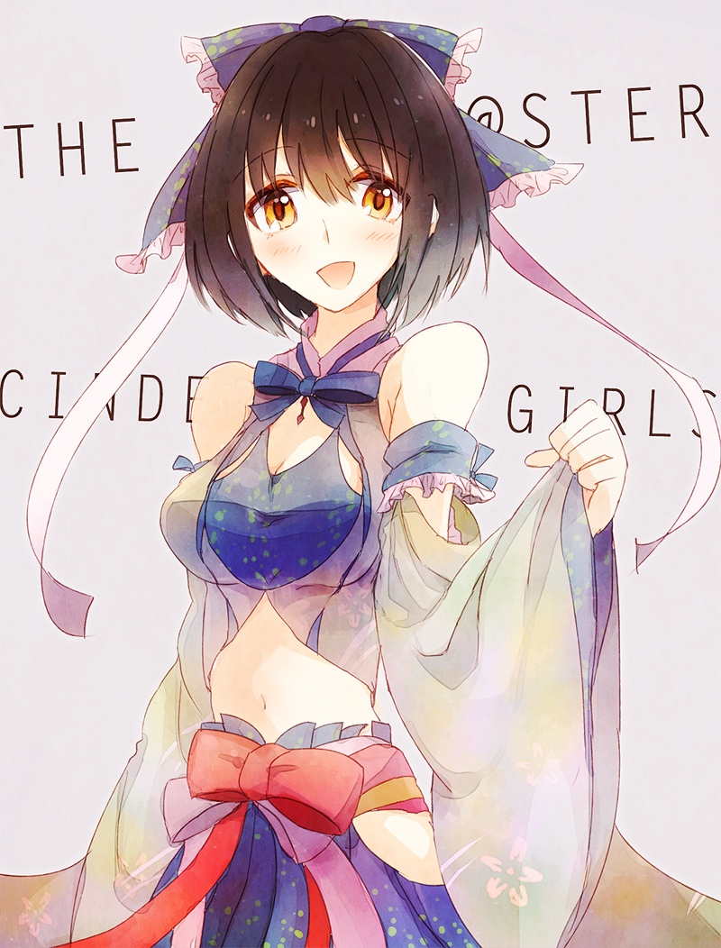 1girl, black_hair, bob_cut, bow, chaostein, detached_sleeves, hair_bow, hair_ornament