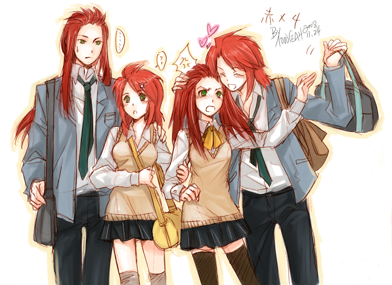 2boys, 2girls, ?, angry, asch, bag, blush, bow