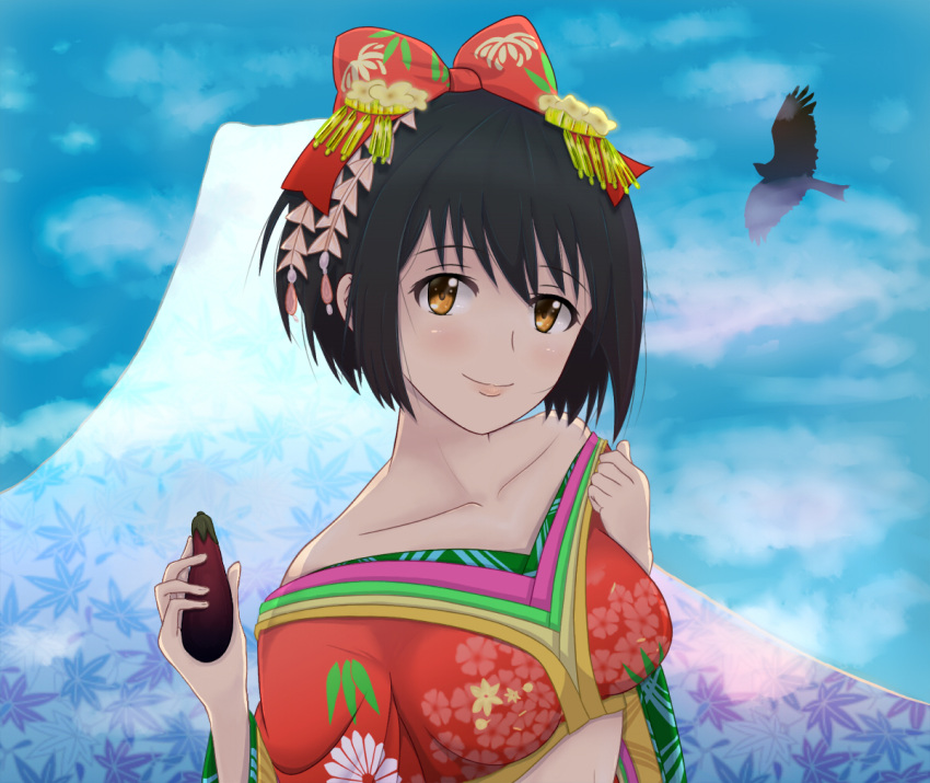 black_hair, bow, chaostein, floral_print, hair_bow, hair_ornament, hatsuyume, idolmaster