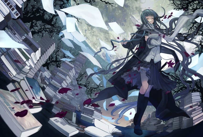 1girl, amano_tooko, book, book_focus, book_stack, braid, bungaku_shoujo, closed_eyes
