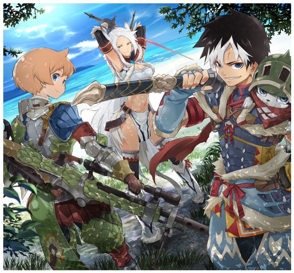 1boy, 2girls, aoashira_(armor), armor, beach, felyne, grass, gun