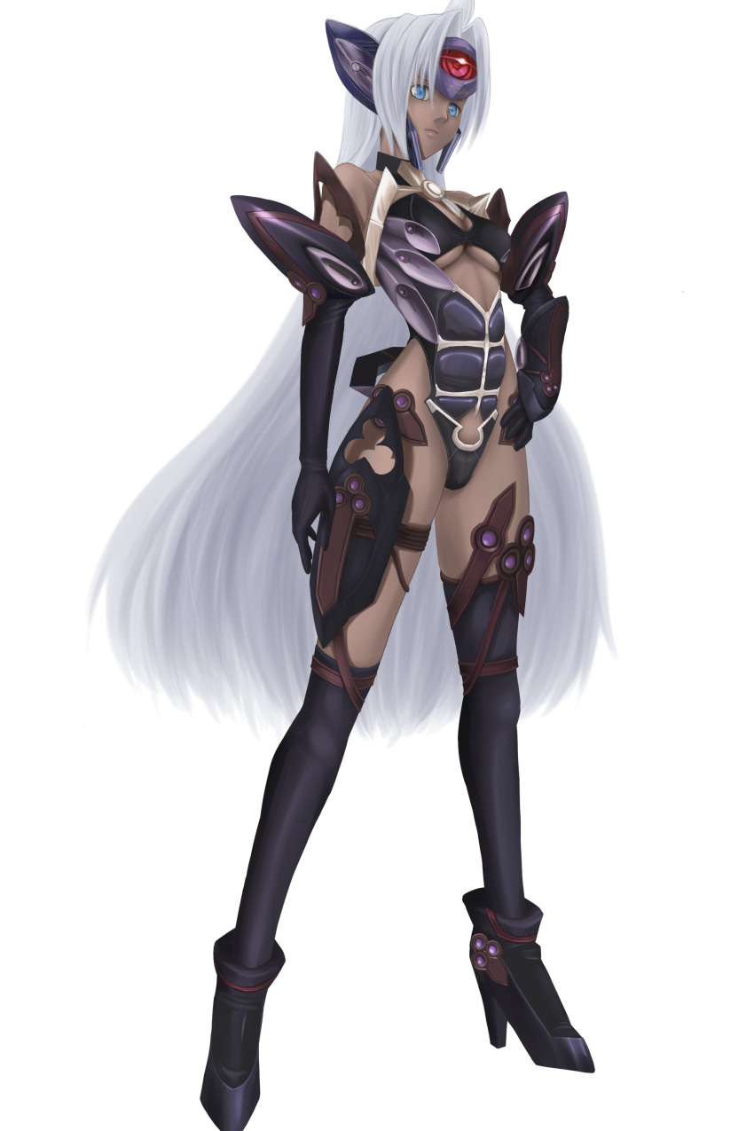 blue_eyes, boots, breasts, dark_skin, highres, long_hair, sei15, silver_hair