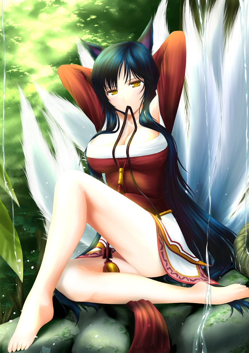 1girl, ahri, animal_ears, barefoot, black_hair, blue_hair, breasts, cleavage